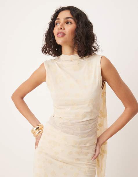 ASOS DESIGN - Top drappeggiato color crema floccato in coordinato - view 1