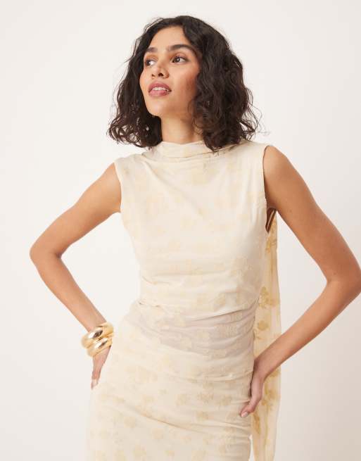 ASOS DESIGN - Top drappeggiato color crema floccato in coordinato