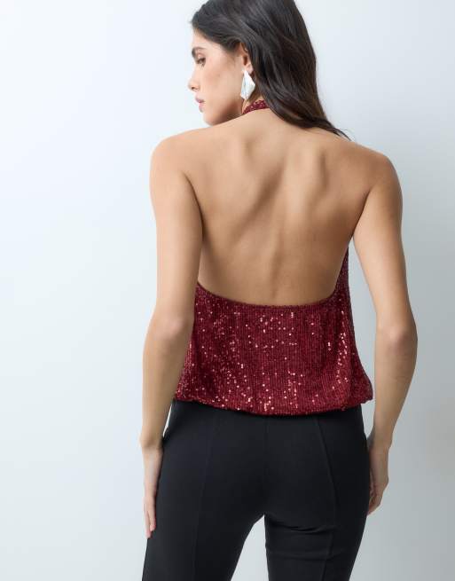 ASOS DESIGN top drappeggiato con paillettes e inserti in rete bordeaux, 5 di 5