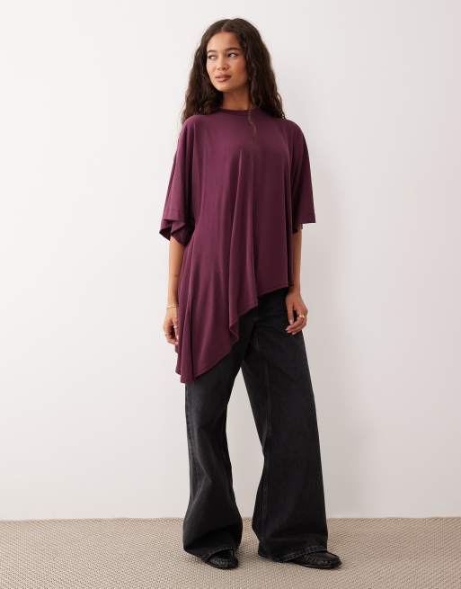 ASOS DESIGN - Top drappeggiato in modal bordeaux con fondo asimmetrico, 2 di 4