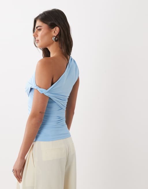 ASOS DESIGN - Top drappeggiato in poliammide blu con arricciature e cut-out laterale, 4 di 4