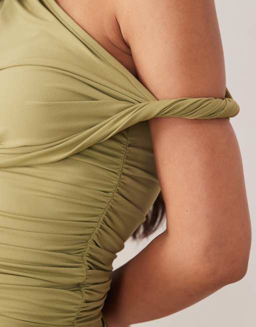 ASOS DESIGN - Top drappeggiato in poliammide kaki con arricciature e cut-out laterale, 3 di 4