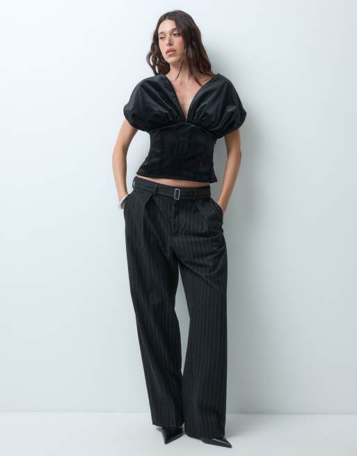ASOS DESIGN top drappeggiato in velluto accoppiato con vita stretta nero, 2 di 5