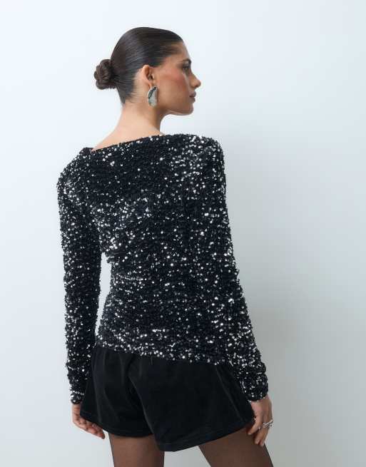 ASOS DESIGN top drappeggiato in velluto con paillettes, scollo profondo e spalline imbottite, nero e argento, 5 di 5