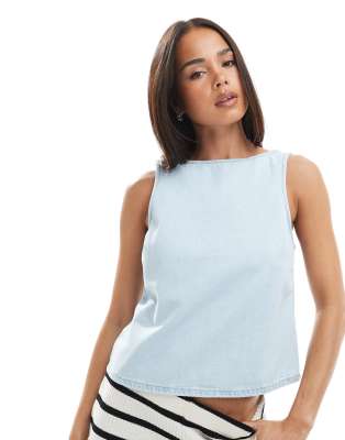 Top droit en denim délavé-Bleu 44