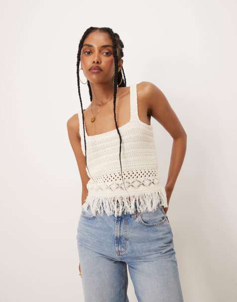 ASOS DESIGN - Top écru in maglia all'uncinetto con frange - view 1