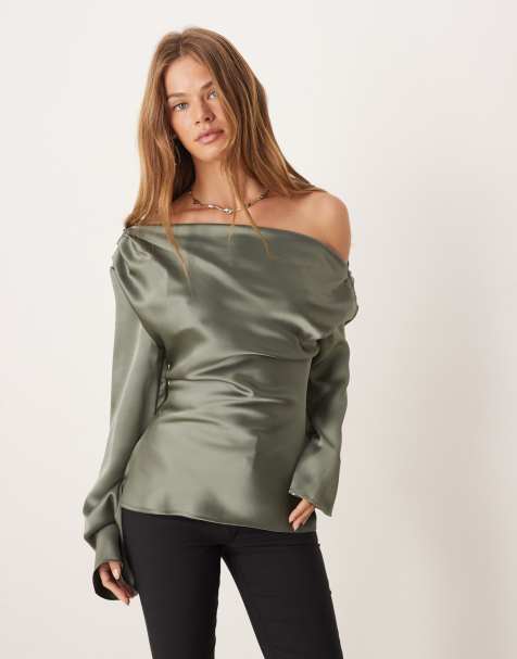 ASOS DESIGN - Top effet drapé en satin avec épaules dénudées - Kaki - view 1