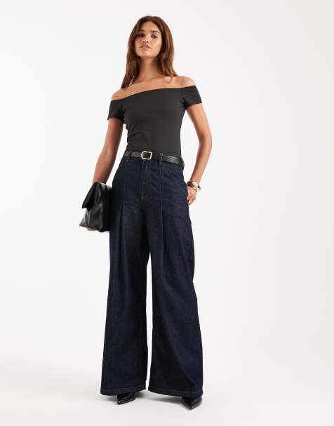 Top Noir à Fleurs Style Bardot - Manches évasées - Taille 8 - Topshop