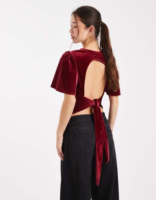 ASOS DESIGN - Top effet velours à manches bouffantes et liens dans le dos - Bordeaux, 2 de 4
