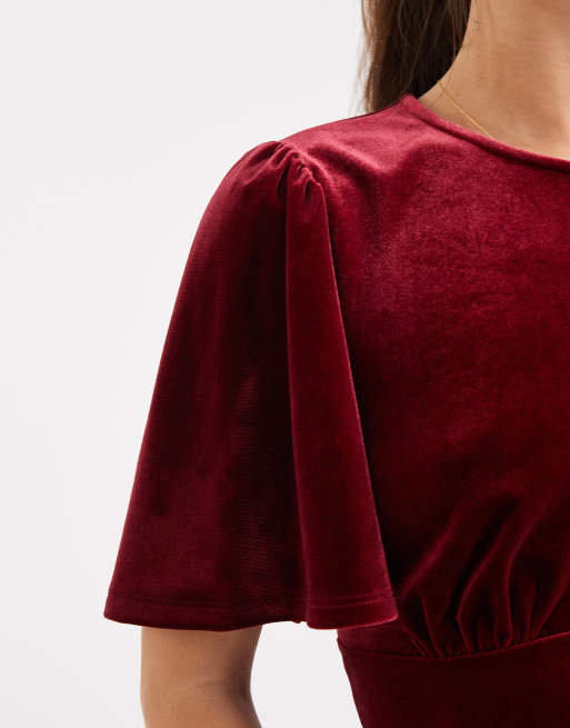 ASOS DESIGN - Top effet velours à manches bouffantes et liens dans le dos - Bordeaux, 3 de 4