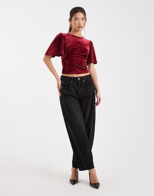ASOS DESIGN - Top effet velours à manches bouffantes et liens dans le dos - Bordeaux, 4 de 4
