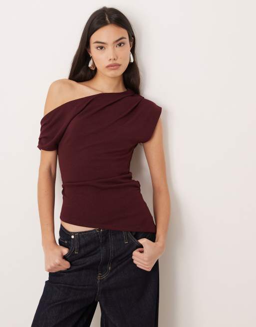 ASOS DESIGN - Top effetto maglia color bacca con spalla scivolata, 3 di 4