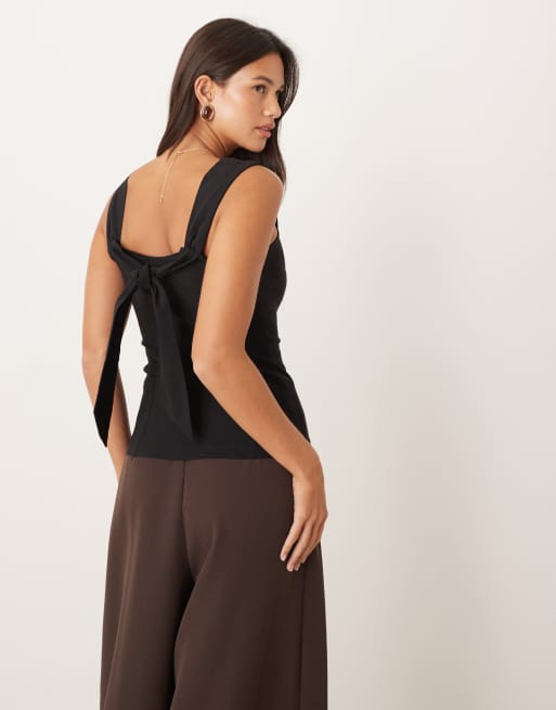 ASOS DESIGN - Top en bengaline à encolure carrée et bretelles longues - Noir, 4 de 4