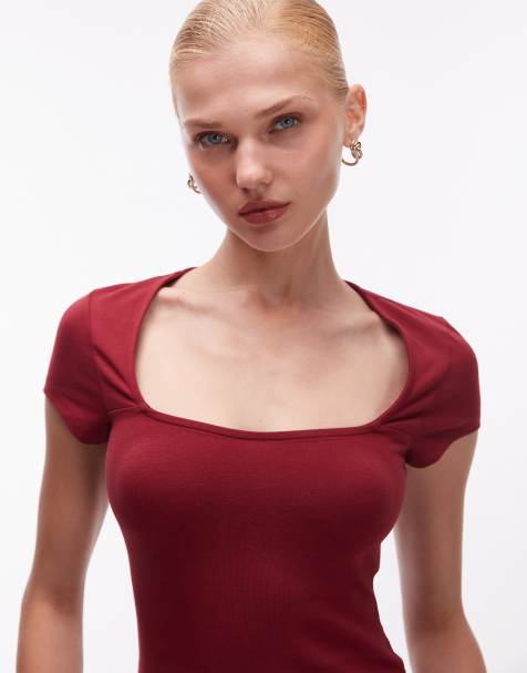 ASOS DESIGN - Top en coton à encolure carrée et mancherons - Bordeaux - view 1