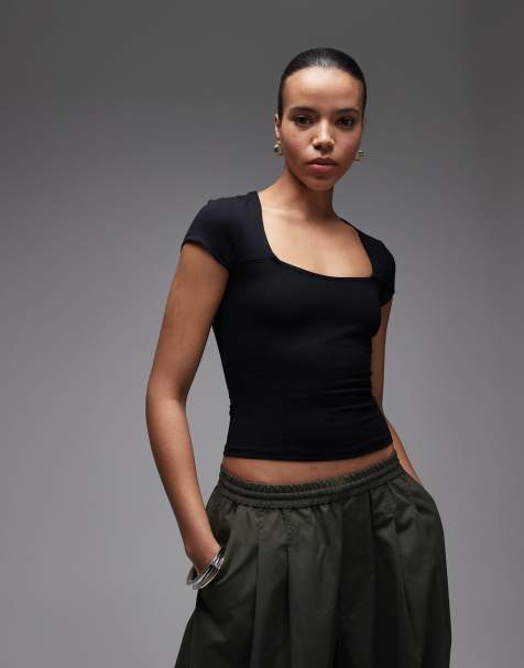 ASOS DESIGN - Top en coton à encolure carrée mancherons - Noir - view 1