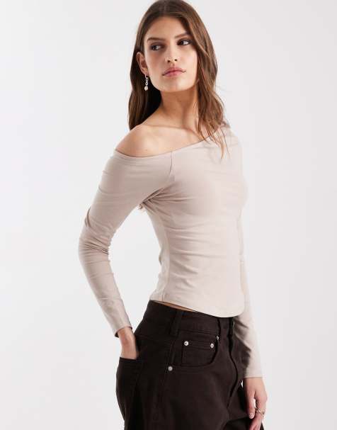 ASOS DESIGN - Top en coton à manches longues avec épaules dénudées - Taupe - view 1