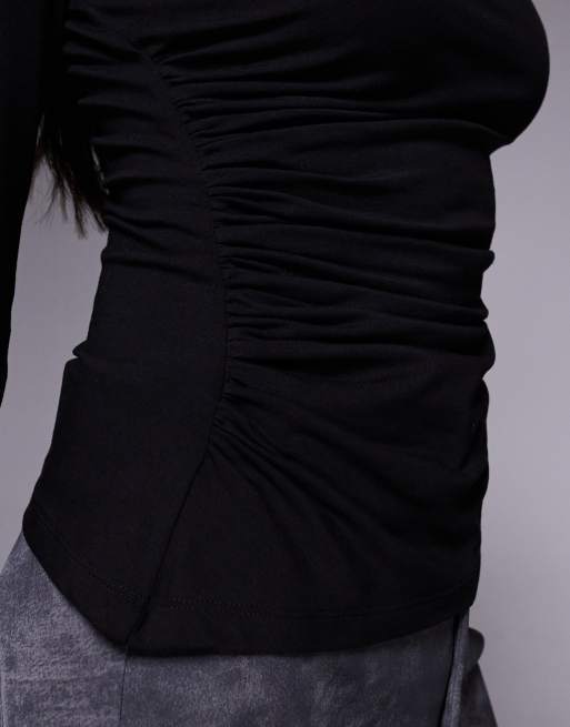 ASOS DESIGN - Top en coton froncé à manches longues - Noir, 3 de 4