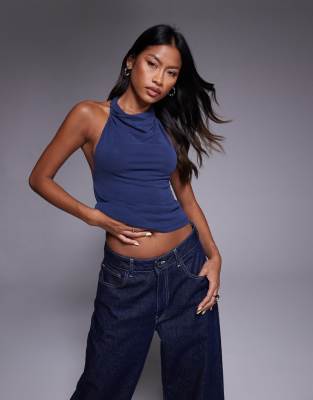 Top en cupro col bénitier montant - Bleu marine L