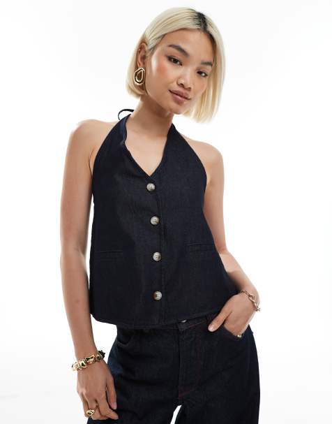 ASOS DESIGN - Top en denim à encolure américaine et dos nu - Bleu moyen foncé - view 1