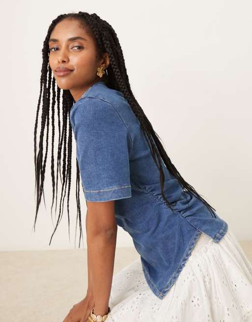 ASOS DESIGN - Top en denim à taille cintrée avec manches courtes et épaulettes - Bleu moyen, 2 de 4
