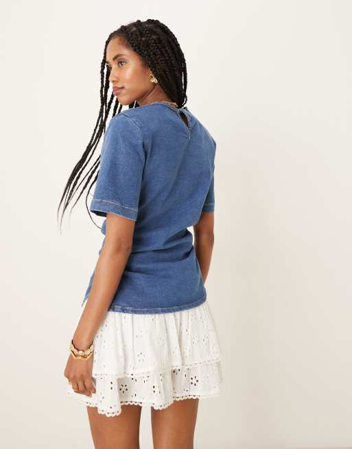 ASOS DESIGN - Top en denim à taille cintrée avec manches courtes et épaulettes - Bleu moyen, 3 de 4