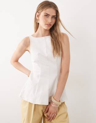 Top en denim avec ourlet à basque et naud dans le dos - Écru-Blanc 40