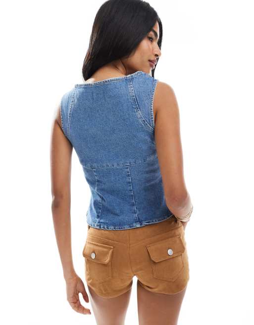 ASOS DESIGN - Top en denim zippé à encolure carrée - Bleu moyen, 4 de 4
