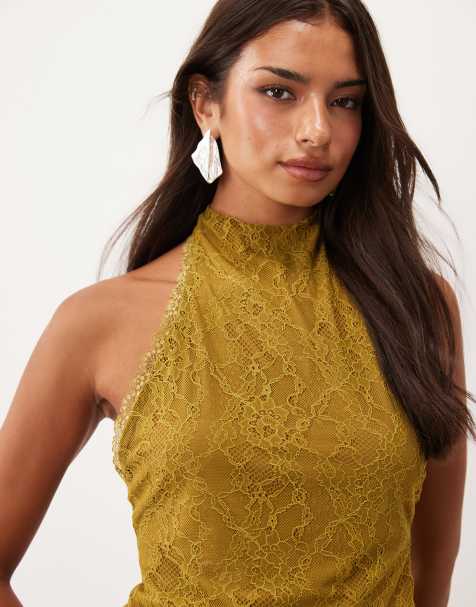 ASOS DESIGN top en dentelle à col halter kaki - view 1