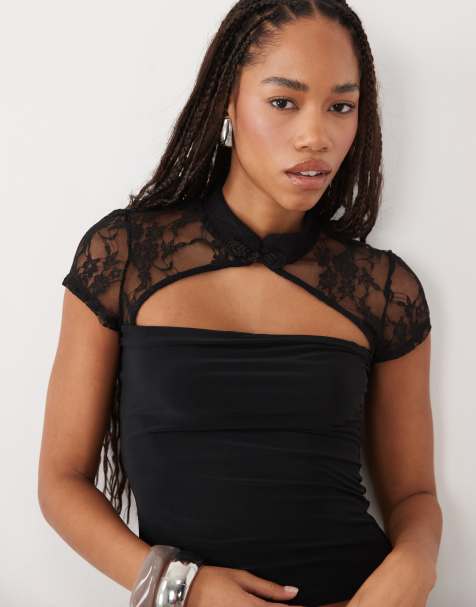 ASOS DESIGN top en dentelle à col mao noir - view 1