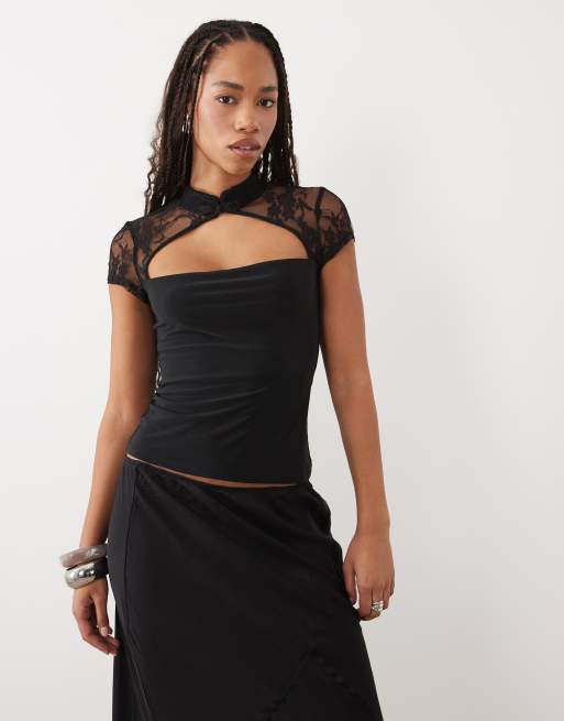 ASOS DESIGN top en dentelle à col mao noir, 3 de 4