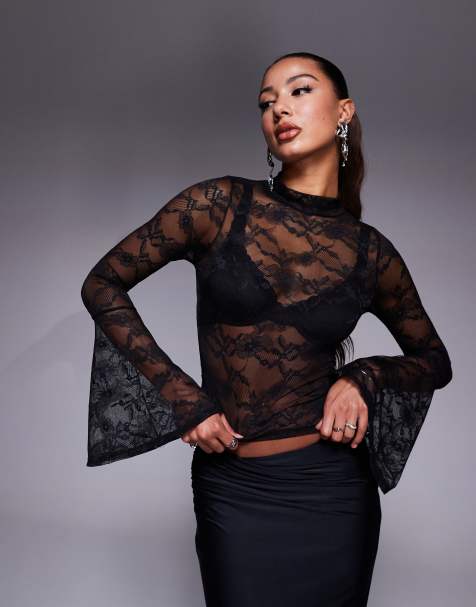 ASOS DESIGN - Top en dentelle à col montant et poignets évasés - Noir - view 1