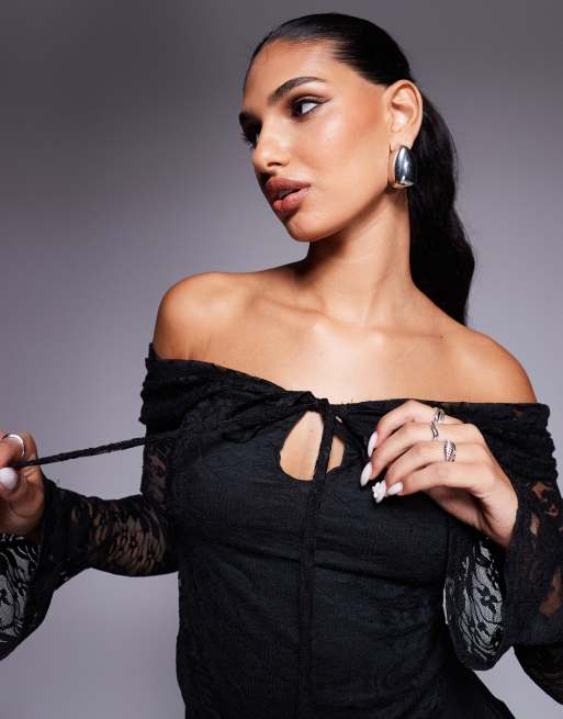 ASOS DESIGN - Top en dentelle à épaules dénudées et découpe goutte d'eau - Noir, 2 de 4