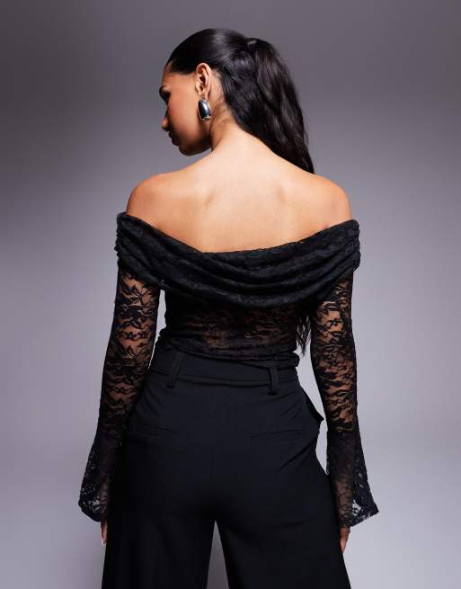 ASOS DESIGN - Top en dentelle à épaules dénudées et découpe goutte d'eau - Noir, 3 de 4