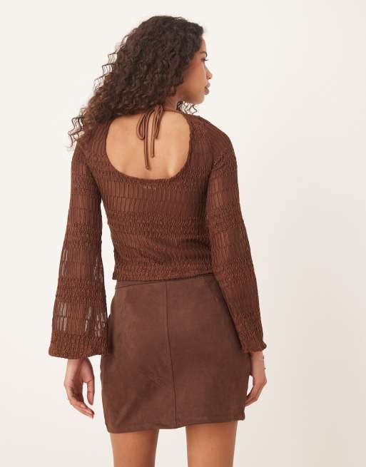 ASOS DESIGN - Top en dentelle à manches évasées et dos échancré - Chocolat, 4 de 4