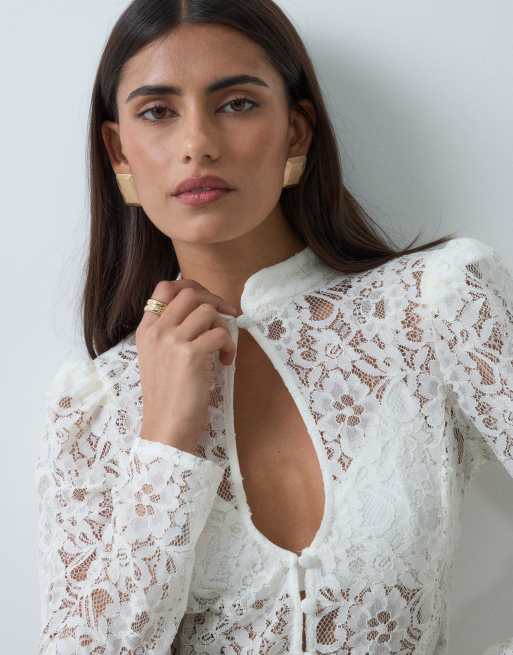 ASOS DESIGN top en dentelle à manches longues avec col mao blanc, 3 de 5