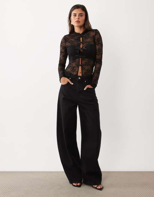 ASOS DESIGN top en dentelle à manches longues et col mao noir, 2 de 4