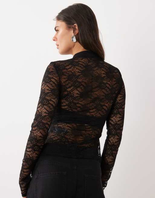 ASOS DESIGN top en dentelle à manches longues et col mao noir, 4 de 4