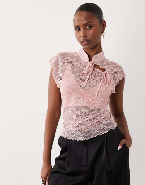 ASOS DESIGN - Top en dentelle avec col et liens fins - Vieux rose - view 1