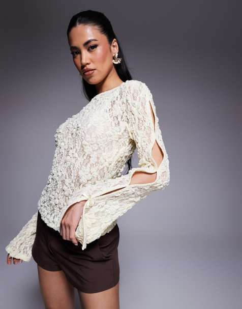 ASOS DESIGN - Top en dentelle avec encolure bateau et détail nœuds - Beurre - view 1