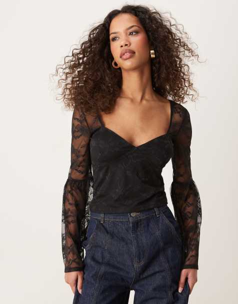 ASOS DESIGN - Top en dentelle avec manches évasées à fronces - Noir - view 1
