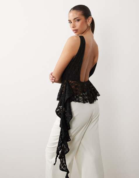 ASOS DESIGN - Top en dentelle avec ourlet à basque et volants - Noir - view 1