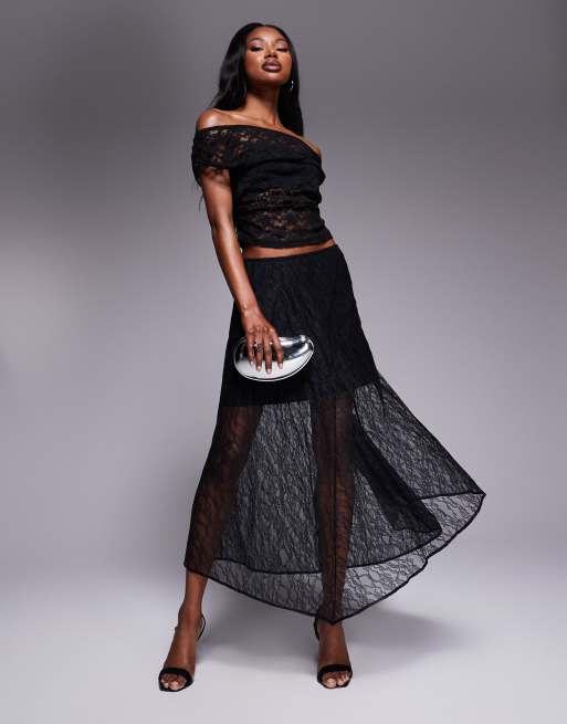 ASOS DESIGN - Top en dentelle froncé sur le côté à épaules dénudées - Noir, 2 de 4