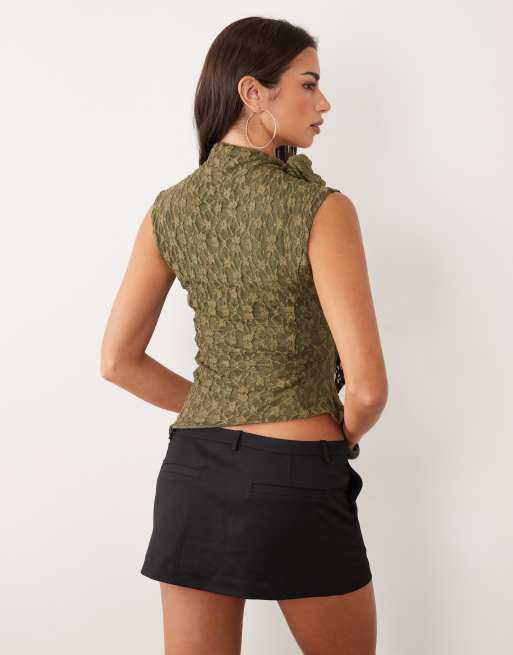 ASOS DESIGN top en dentelle transparente à ourlet asymétrique et lien au cou, kaki, 3 de 4