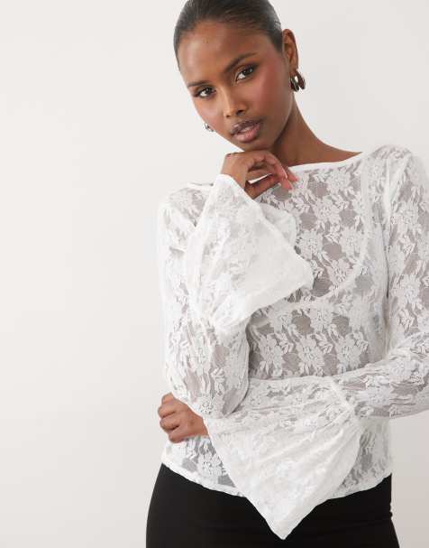 ASOS DESIGN - Top en dentelle transparente avec poignets évasés - Écru - view 1