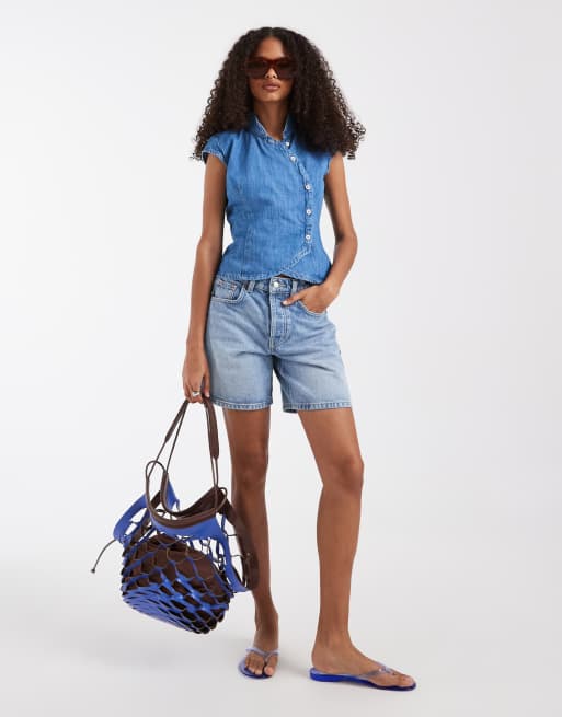 ASOS DESIGN - Top en jean à col mao - Bleu moyen, 3 de 4