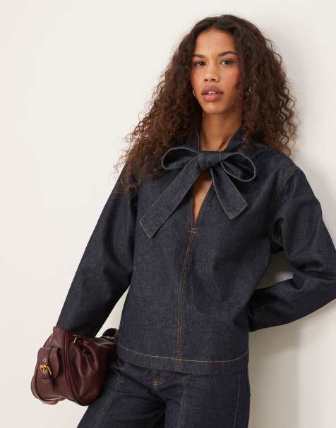 ASOS DESIGN - Top en jean à col V avec nœud - view 1