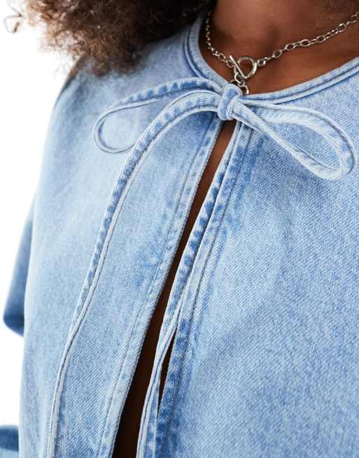 ASOS DESIGN - Top en jean à manches longues avec liens devant - Bleu moyen, 3 de 4