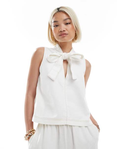 ASOS DESIGN - Top en jean coupe trapèze avec nœud - Écru - view 1
