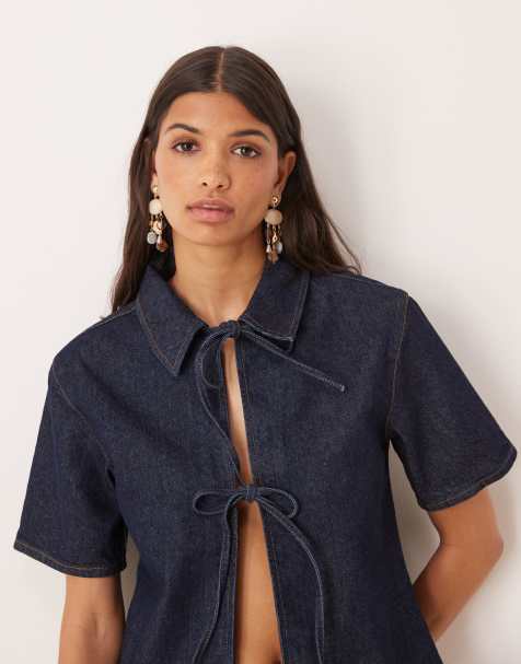 ASOS DESIGN - Top en jean noué devant à manches longues - Brut - view 1
