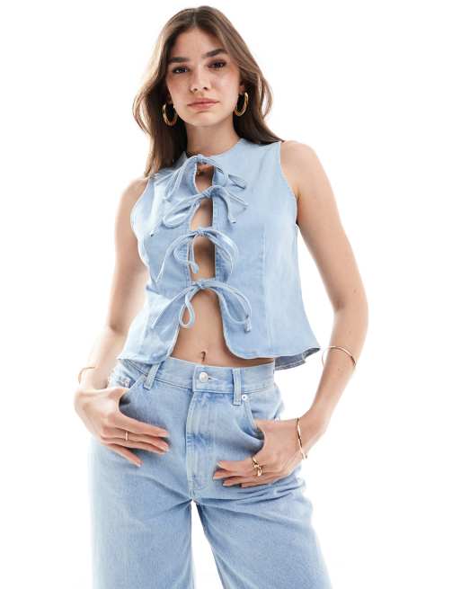ASOS DESIGN - Top en jean noué devant - Délavé